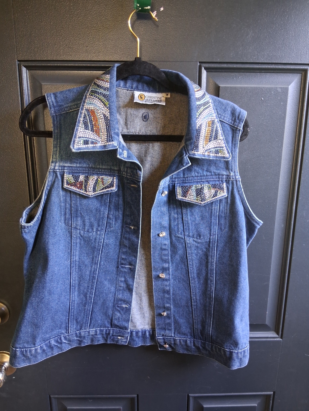 Christine Alexander Denim Vest with Multicolor Beaded Collar